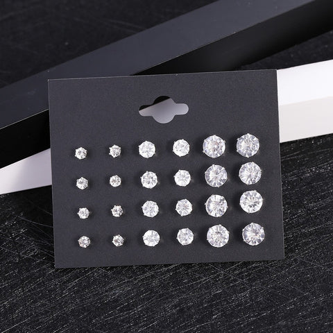 Round Six-claw Crystal Zircon Card Pack 12 Pairs Of Ear Studs