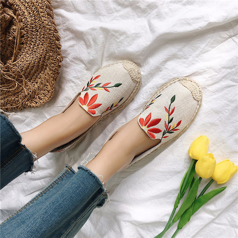 Flat grass embroidery fisherman shoes leaves flowers hemp rope lazy shoes tendon shoes