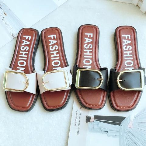 Fashion square buckle sandals and slippers