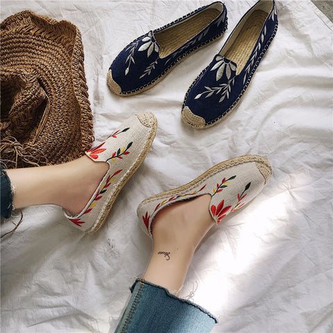 Flat grass embroidery fisherman shoes leaves flowers hemp rope lazy shoes tendon shoes