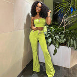 Fashion Summer Suit Embroidery Tube Top And High Waist Drawstring Bell-bottomed Pants Two-piece Set Womens Clothing